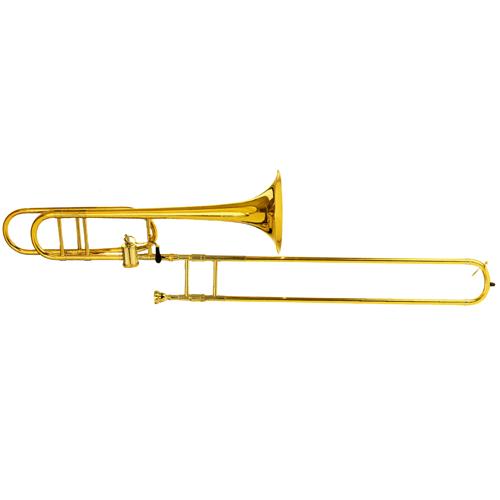 High grade gold lacquered Bb/F Tenor Trombone. Complete with mouthpiece and case. 14 day money back