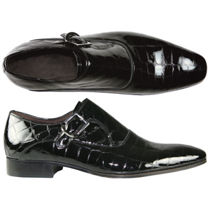 A fashionable Patent Monk shoe from Jones Bootmaker. Features Croc effect finish to the uppers, adju