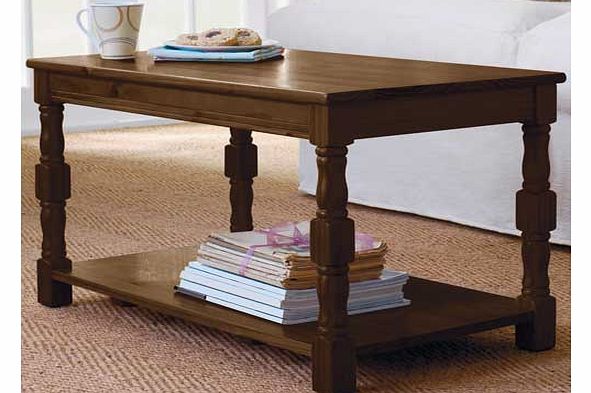 This dark walnut effect coffee table is constructed from solid pine. A classic design with a handy storage shelf. this table looks great in your home. Part of the Devon collection. Collect in store today. Size H45. W80. D45cm. Weight 8.7kg. General i