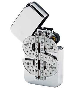 Hadson brand polished chrome windproof lighter with diamante embedded dollar sign. Supplied in a