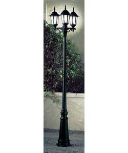 Black lamp post with glass panels.Height 230cm.Diameter 60cm.For outdoor use only.Requires 3x 100