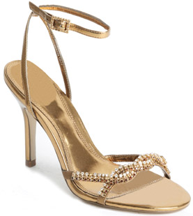 Two-part, metallic sandal with twisted, diamante encrusted straps. The Dinhi sandals have a buckled 
