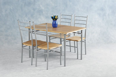48x30 NATURAL WOOD TABLE WITH SILVER FRAME AND 4 MATCHING CHAIRS.MODERN STYLING AT A MOST