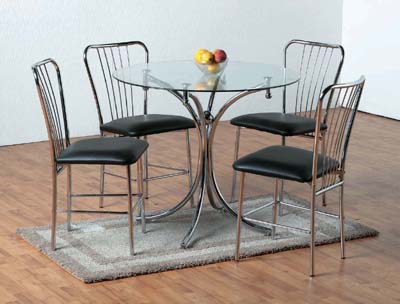 36 ROUND TABLE WITH CHROME PEDESTAL TOPPED BY CHROME GLOBE AT THE APEX. THE 4 CHROME CHAIRS ARE