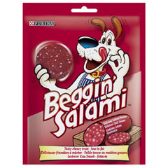 Purina Beggin` Salami® are a salami slice shaped dog treat which combines the hearty deliciousness 