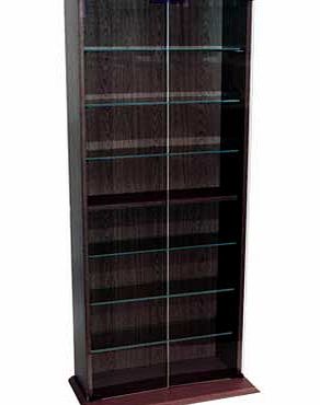 Free standing Dark Oak effect finish display/storage for CDs. DVDs. Blu-rays. computer games. videos or even books. 2 Glass doors with push/lock mechanism for easy access. 6 x 13cm deep adjustable glass shelves with a solid centre shelf and base - to