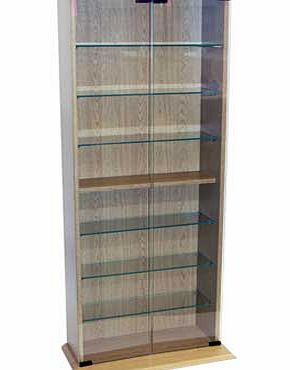 Free standing Oak effect finish display/storage for CDs. DVDs. Blu-rays. computer games. videos or even books. 2 Glass doors with push/lock mechanism for easy access. 6 x 13cm deep adjustable glass shelves with a solid centre shelf and base - totalli