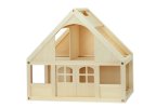 wooden dolls house with furniture and family
