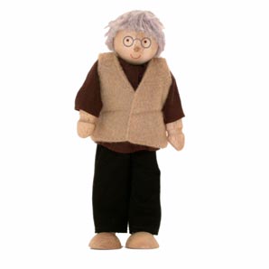 A dolls house grandfather with waistcoat. With wooden head, body, hands and feet and flexible arms a