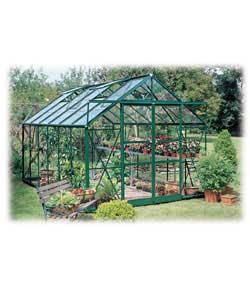 Green finish.Horticultural glass.Wide opening double doors.Integral base.4 large roof vents.Weight 3