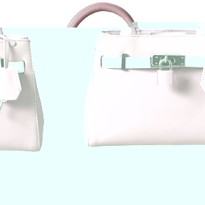 Dusky pink leather bag with white trim and decorat