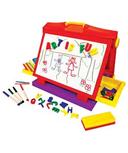Features magnetic whiteboard one side and chalk board on the other. Has carry handle and handy tray 