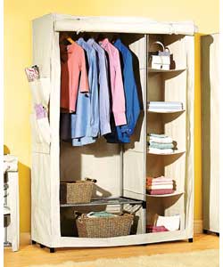 Single hanging rail and 4 shelves.Polycotton cover with roll-up front and tie fastenings.Detachable