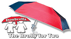 An umbrella for two people - eliminating those usual drips down the neck when squashed under a
