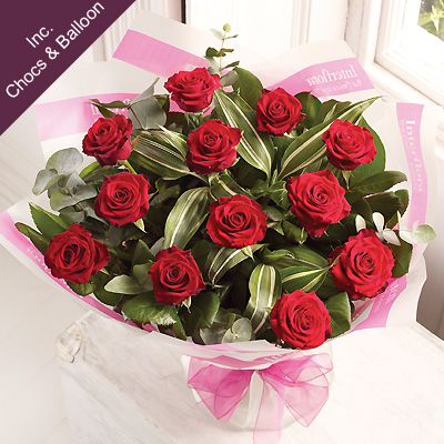Unbranded Dozen Red Rose Hand-tied with Balloon and Chocolates