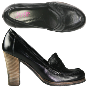 A heeled Loafer style Court Shoe from Jones Bootmaker. Features Penny Loafer style strap to across t
