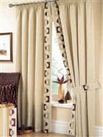 HALF PRICE. A modern appliquéd embroidery design pair of curtains in a half panama fabric. 60%