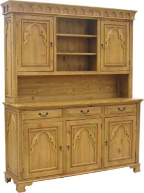 A stunning medieval pine dresser with distressed finish and arch design. Two doors and three