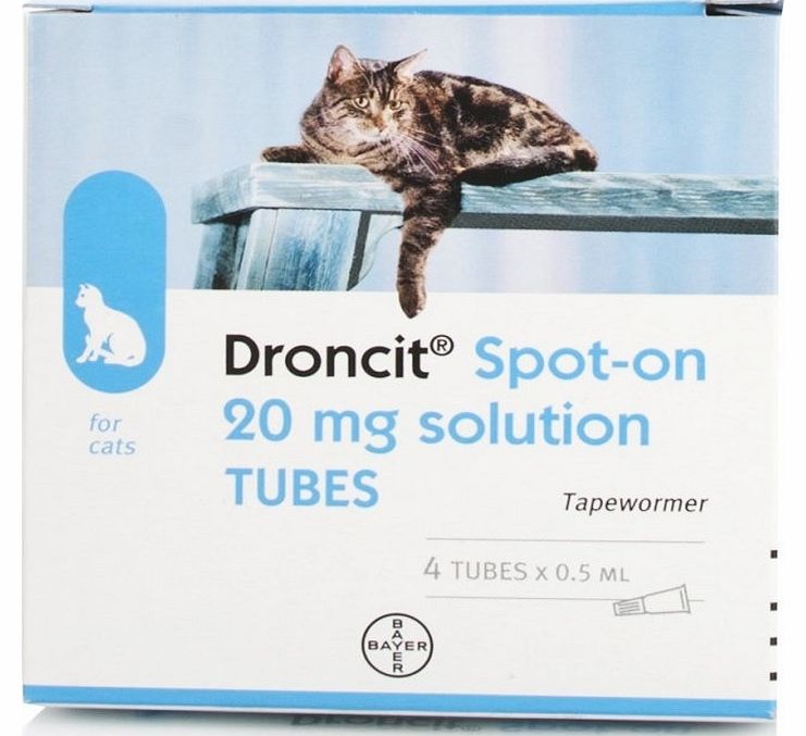 Droncit Spot On Tubes for Cats is quickly absorbed into your cats body and kills tapeworm within a few hours. Droncit Spot On does not treat roundworm and is only suitable for cats weighing over 1kg. (Barcode EAN=2100003362292)