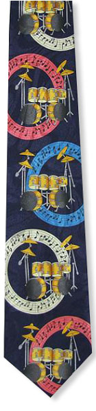 A lovely navy blue tie for musicians with drum kits in colourful circles of music all over!