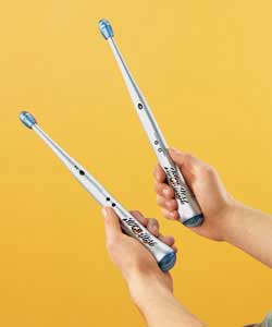 Silver.Electronic drum sticks with 3 drum sounds and backing music.Simply tap on any hard surface to