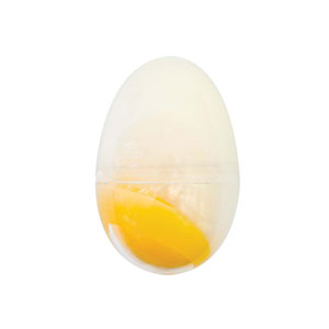 Hen-sized, clear plastic egg containing a slightly squidgy and sticky, firm yellow yolk suspended in