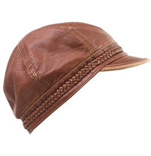 Mock leather hat with plaited strip detail. The Eharriet hat has a small peak and stitch detail.