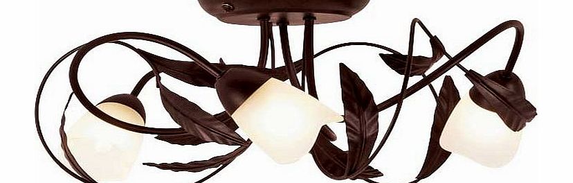 Add a touch of warmth to your living room with the Elana shade with chocolate satin shades. decorative leaf design and a sturdy entwined frame. 3 light ceiling fitting with satin shades. Drop 16cm. Diameter 36cm. Bulbs required 3 x 40W G9 halogen (in