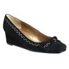 Smart suede shoe with striking contrast embroidery, square toe, bow trim and slim wedge heel. Upper: