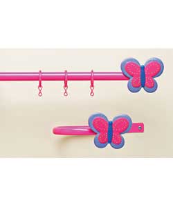 Includes butterfly finials and holdbacks.Pink painted pole supplied in 2 sections.Extends from 115