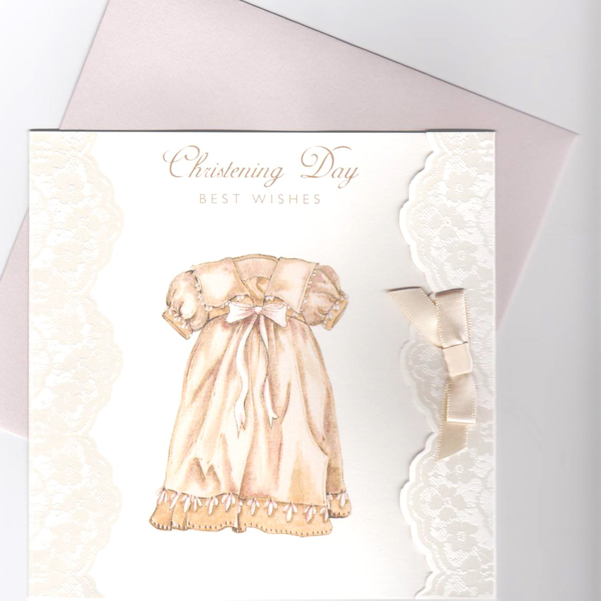 Enchanting Vintage Christening Day Card with a classic christening gown beautifully illustrated and 