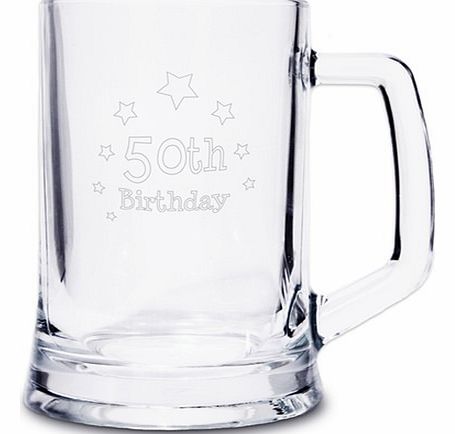 50th Birthday Engraved Beer Tankard This 50th Birthday Tankard is engraved with a stars design and 50th Birthday. It is made of glass and measures around 15.2 cm x 13.5 cm x 10.3 cm. The engraved tankard is a wonderful Birthday gift for men or women.