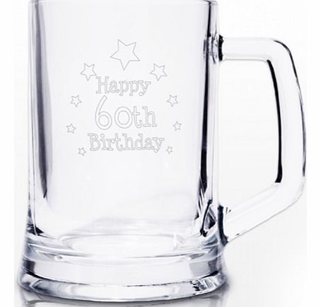 Engraved 60th Birthday Beer Glass This 60th Birthday Tankard is engraved with a stars design and 60th Birthday. It is made of glass and measures around 15.2 cm x 13.5 cm x 10.3 cm. The engraved tankard is a wonderful Birthday gift for men. Hand wash 