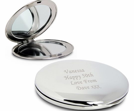 Engraved Compact Mirror The 50th Birthday Personalised Compact Mirror can be engraved with a message up to 80 characters. This is over 4 lines, 20 characters per line. The nickel plated compact measures around 6 cm x 6 cm x 1.6 cm. Comes in a black c