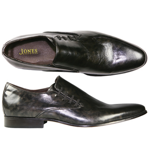 A modern loafer from Jones Bootmaker. Features stylish lacing to the side, long elongated toe and pa