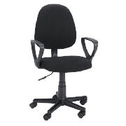 This ergonomic office chair has an upholstered black seat with black plastic arms and a swivel base.