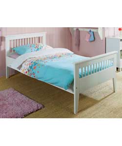 White painted wooden frame with tapered feet. Size (W)103.3, (L)200.8, (H)88.5cm. Includes comfort m