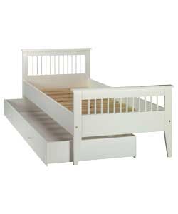 White painted wooden frame with tapered feet. Size of bed (W)103.3, (L)200.8, (H)88.5cm. Size of tru