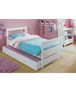 White painted wooden frame with tapered feet. Size of bed (W)103.3, (L)200.8, (H)88.5cm. Size of tru