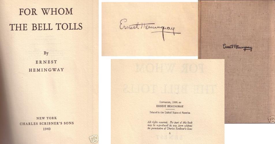 ERNEST HEMINGWAY SIGNED FOR WHOM THE BELL
