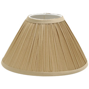 Gold coolie shade with a rigid frame covered in gathered silk pleats