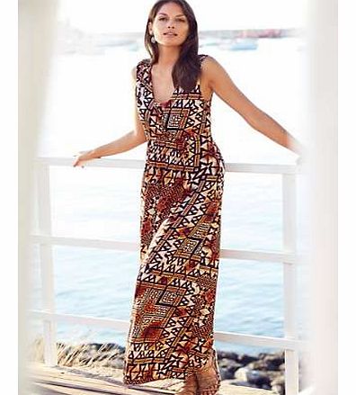 Stride out in this fabulous ethnic print maxi dress, in soft viscose jersey, wide straps and self fabric panel to neckline. Maxi Dress Features: Washable 95% Viscose, 5% Elastane Length approx. 138 cm (54 ins)