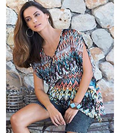 Flowing and lightweight- great for Summer! The elasticated waist creates a blouson look and cap sleeves makes this top a flattering Summer piece! An exclusive print to Kaleidoscope which makes this top unique! Top Features: Washable 100% Polyester Le