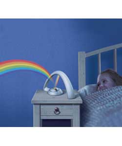 Cool bedroom accessory.  Multi-coloured LED projector displays a rainbow across a wall or ceiling.  