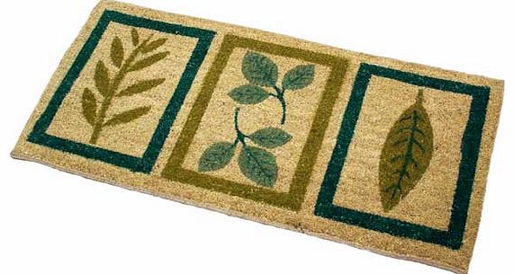 A PVC backed coir doormat in an attractive leaves design. extra long for use in large doorways. 100% coir. Non-slip backing. Do not wash. Size L106. W40cm. (Barcode EAN=5012679102904)