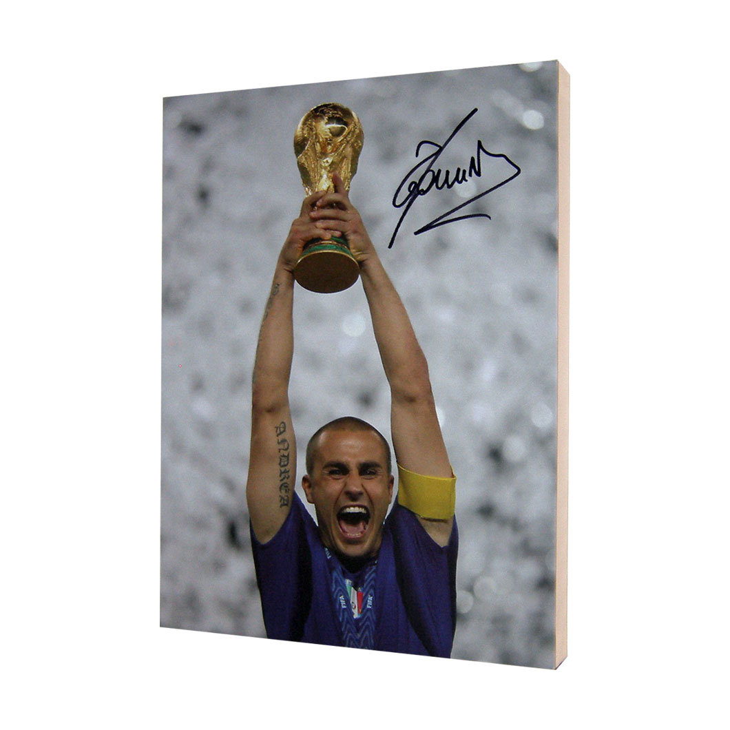 This canvas shows the Italian captain Fabio Cannavaro lifting the 2006 World Cup after he lead his t