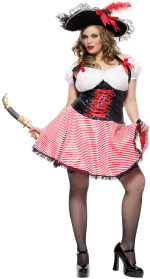 The fuller figure Adult 3 Piece Pirate Wench Costume includes an off the shoulder halter dress, an e