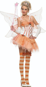 The Adult 4 Piece Garden Fairy Costume includes a dress with flower applique, tiara, arm pieces and 