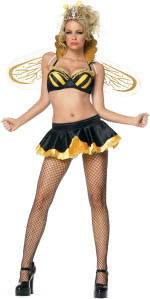 The Adult 4 Piece Queen Bee Sexy Costume includes a crown, collared underwire bra top, wings and pet