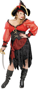 The fuller figure Adult Buccaneer Beauty Costume includes a black ragged edge skirt, a black and red